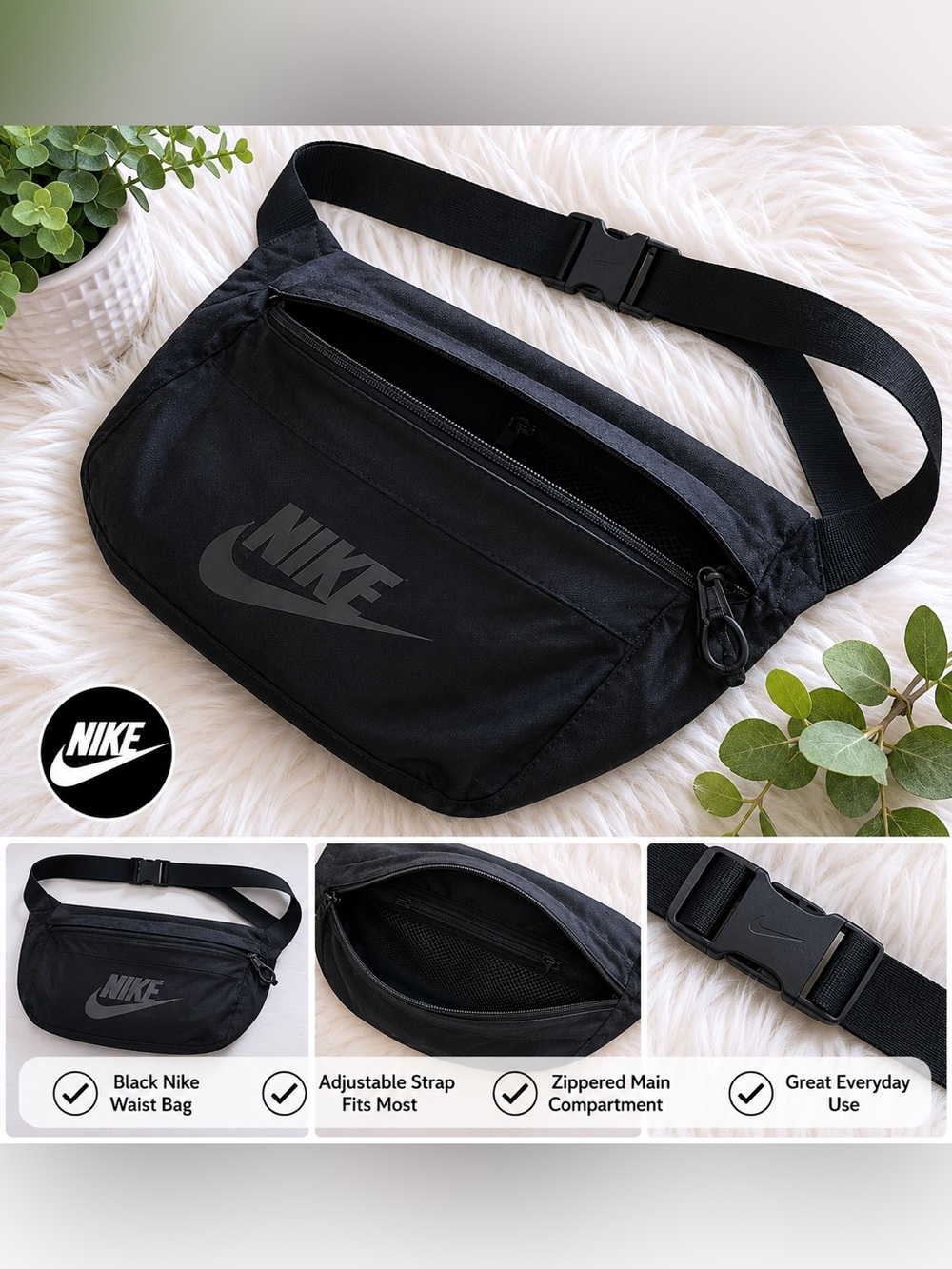 Nike Black Waist Pack with Tone-on-Tone Swoosh